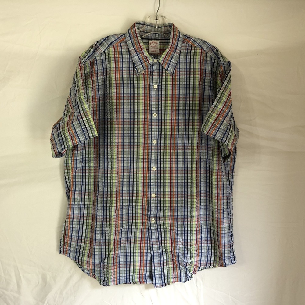 Brooks Brothers Shirt Mens Large Plaid Short Sleeve Button Up Multicolor Preppy